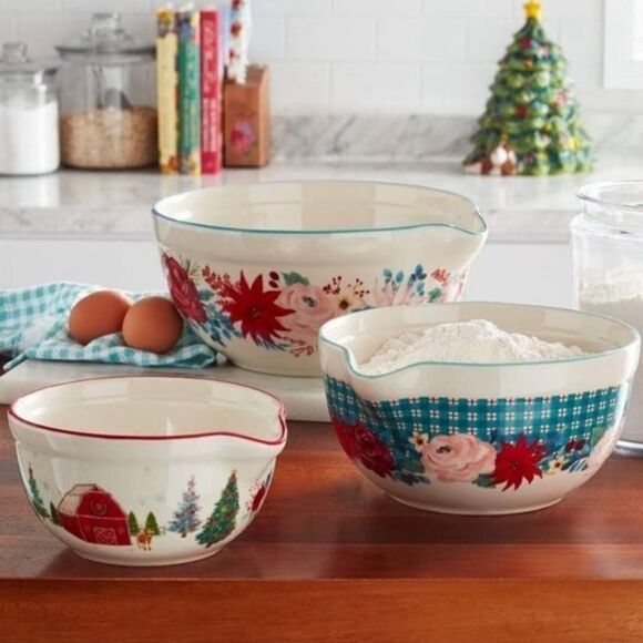 Pioneer Woman Wishful Winter Mixing Bowls With Spout Set New - Picture 3 of 15